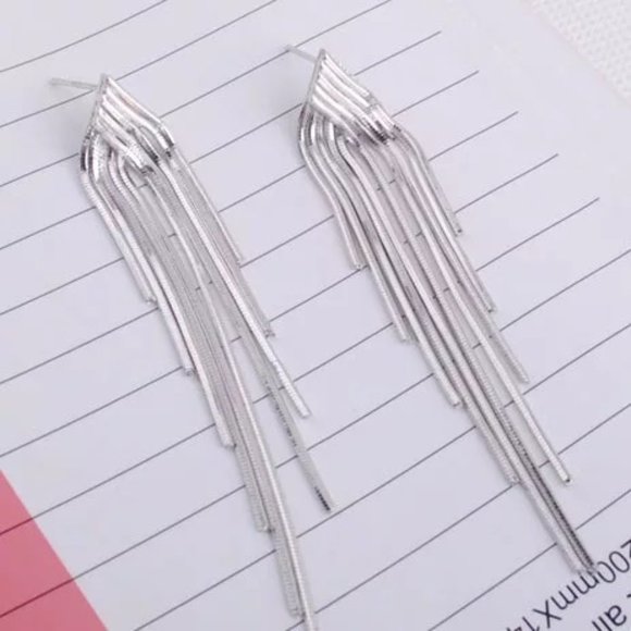 14k Gold Elegant Long Chain Earrings Sterling Silver - Picture 5 of 9